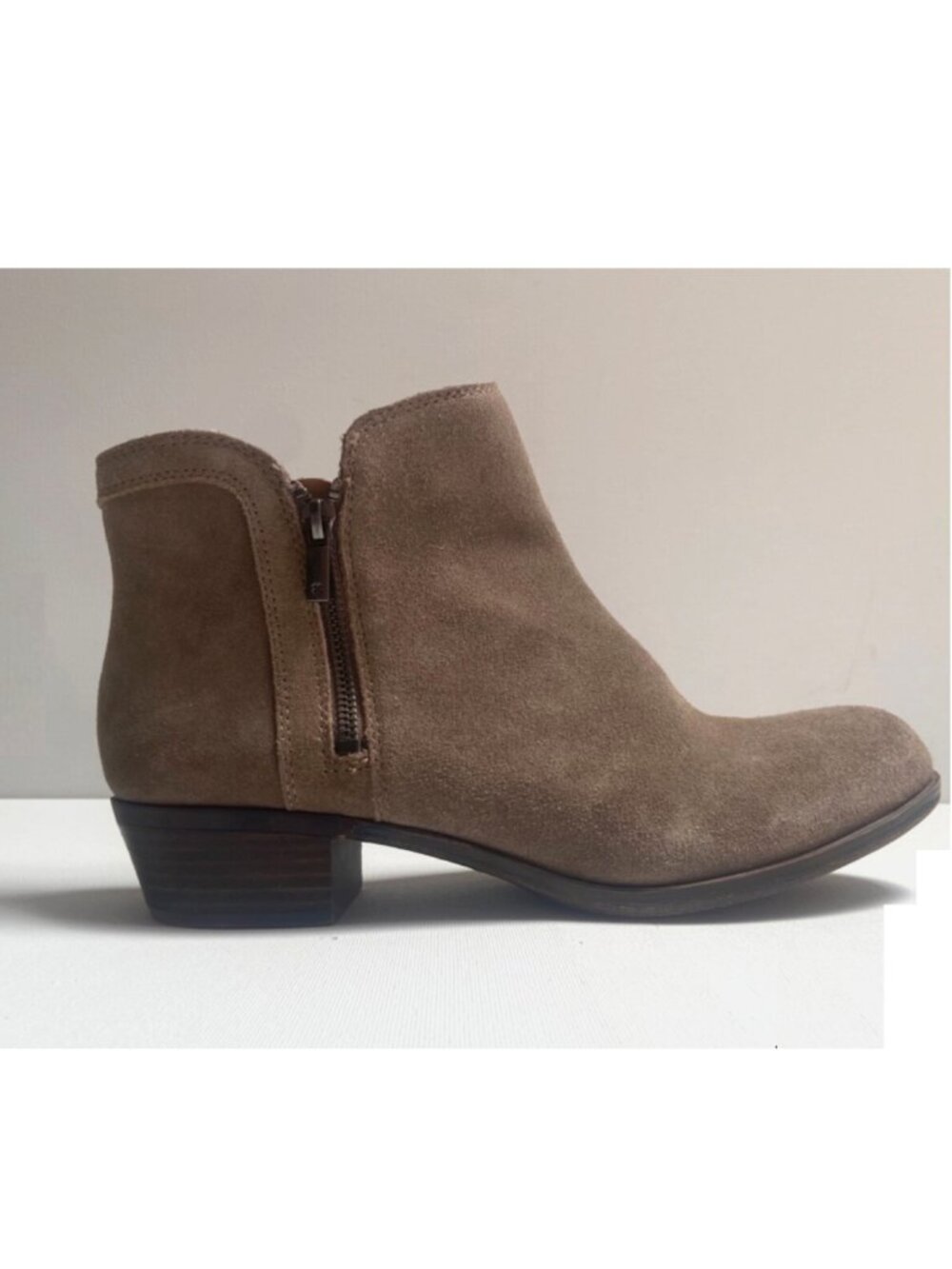 Lucky Brand Breah Double Zipper Low 2" Stacked Heel Brown Suede Ankle Boot 12M